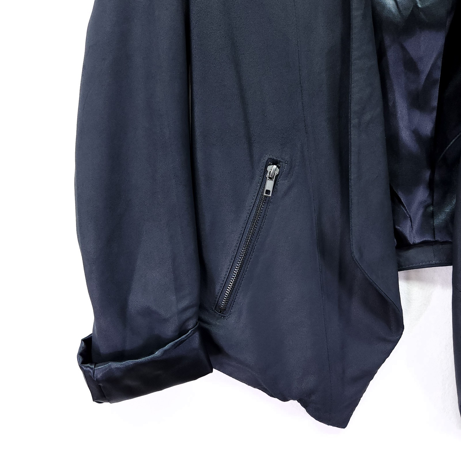 My Tribe Leather Jacket Navy Blue Waterfall Open Front Size Large Made in USA