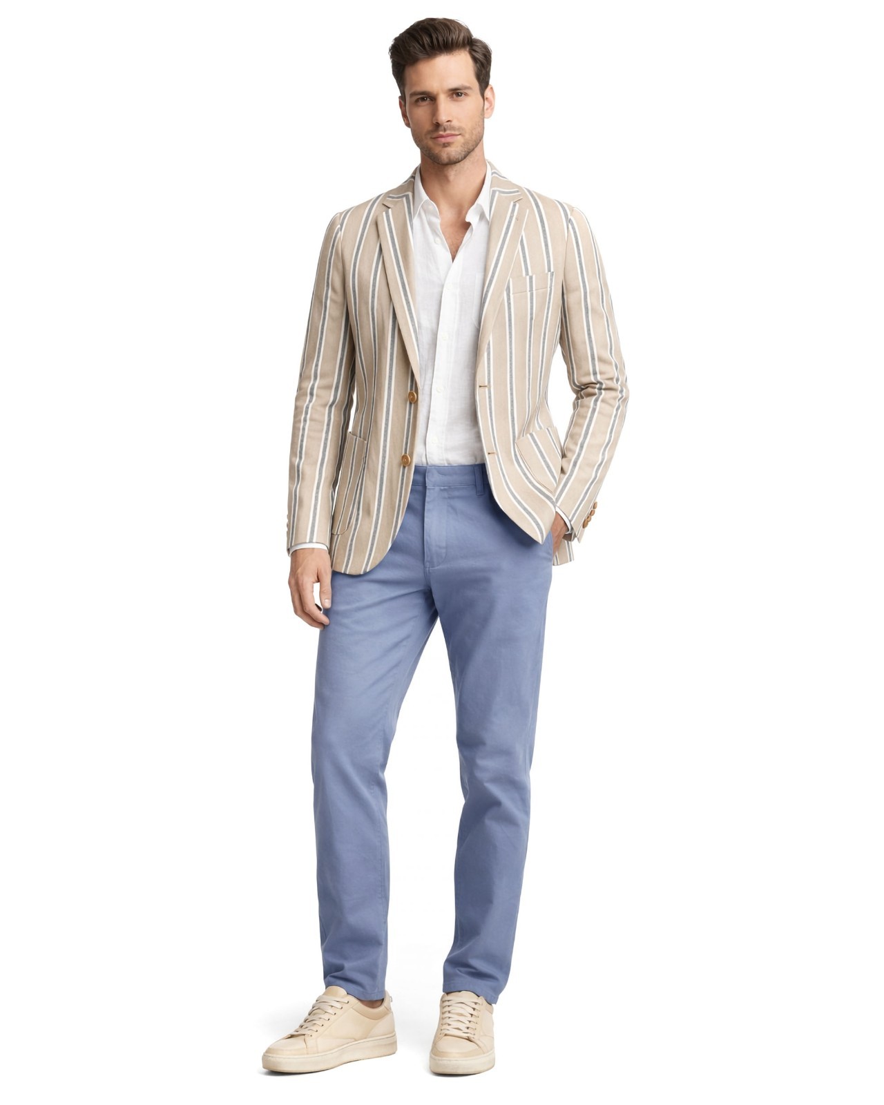 NWT EZZELINO SPORT COAT blazer jacket beige cotton linen striped luxury Italy 48