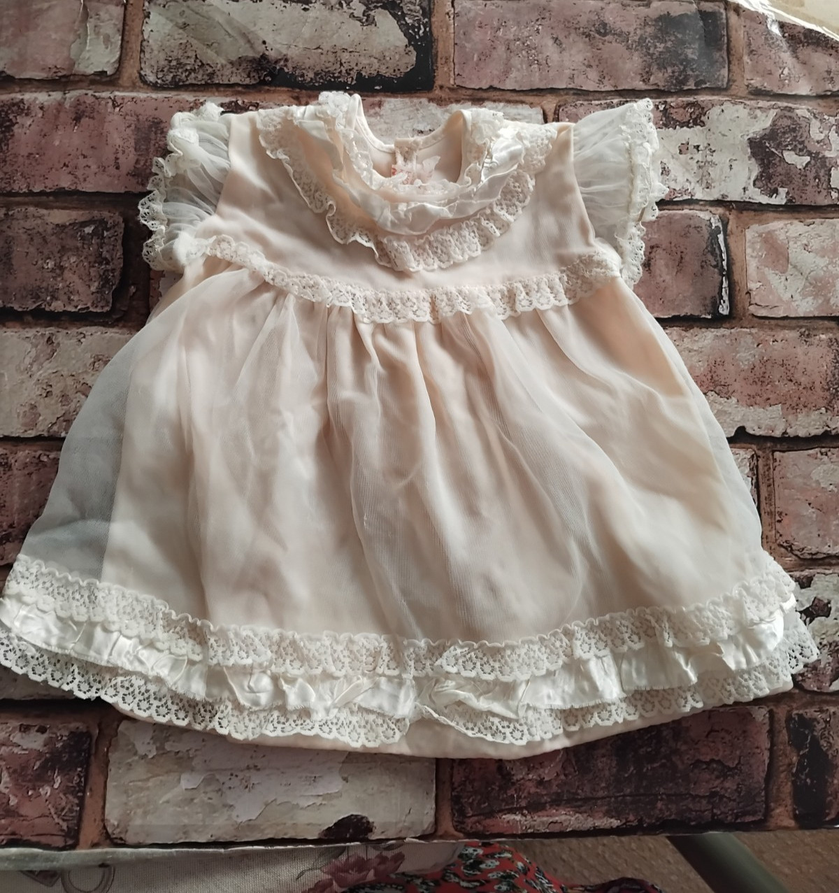 Vintage Stevex Baby Christening Dress Age 12 to 18 Months Peach 100% Nylon