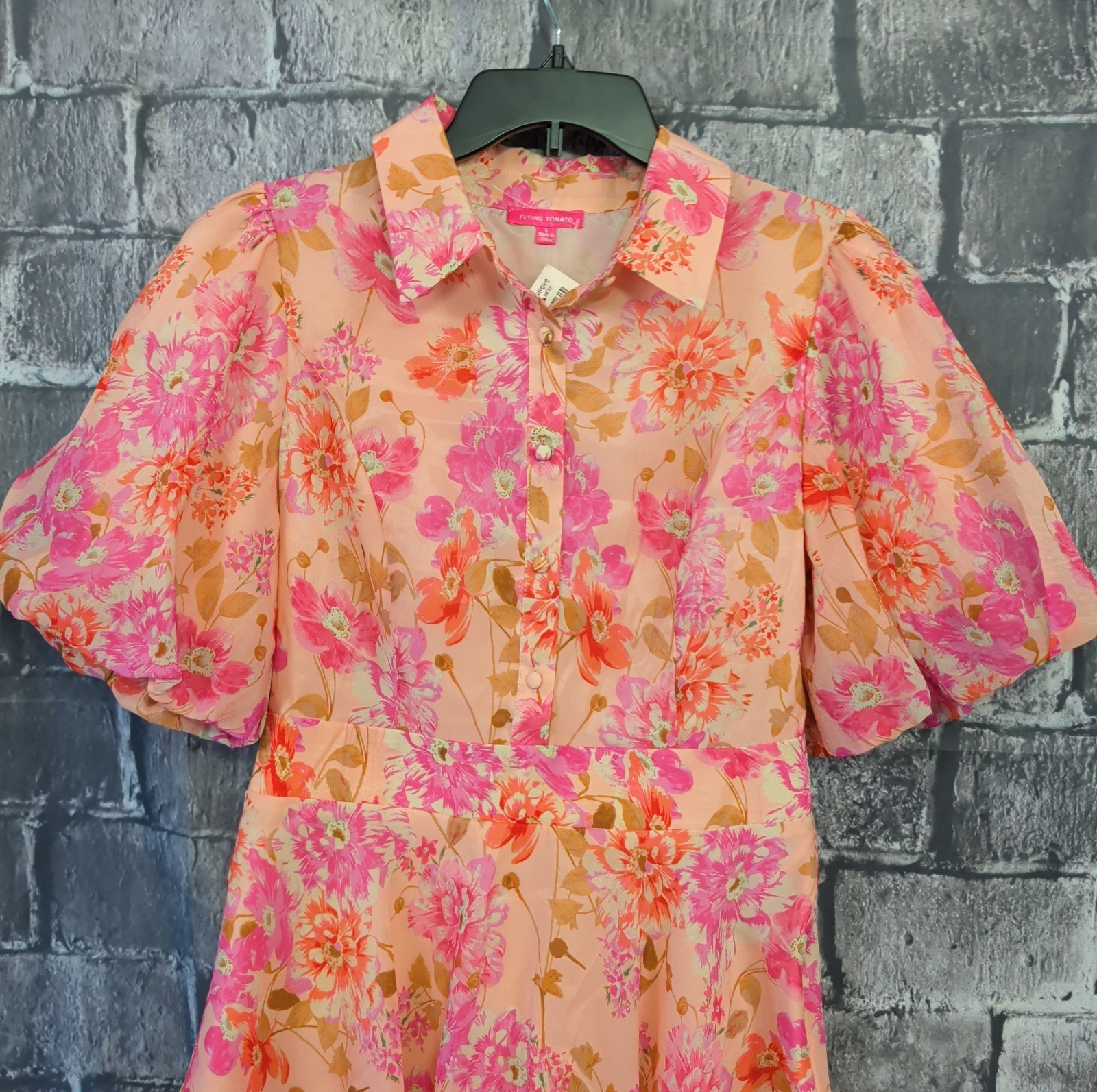 Flying Tomato Gorgeous Instinct Woven Lined Dress Size L Floral Puff Sleeve NWT!