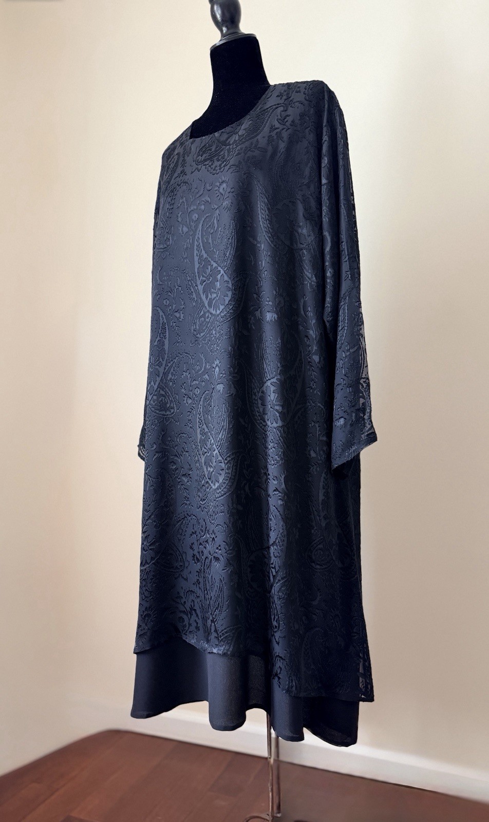 Eskandar Black Silk Blend Devore A-Line Dress Size 2 Oversized Layered