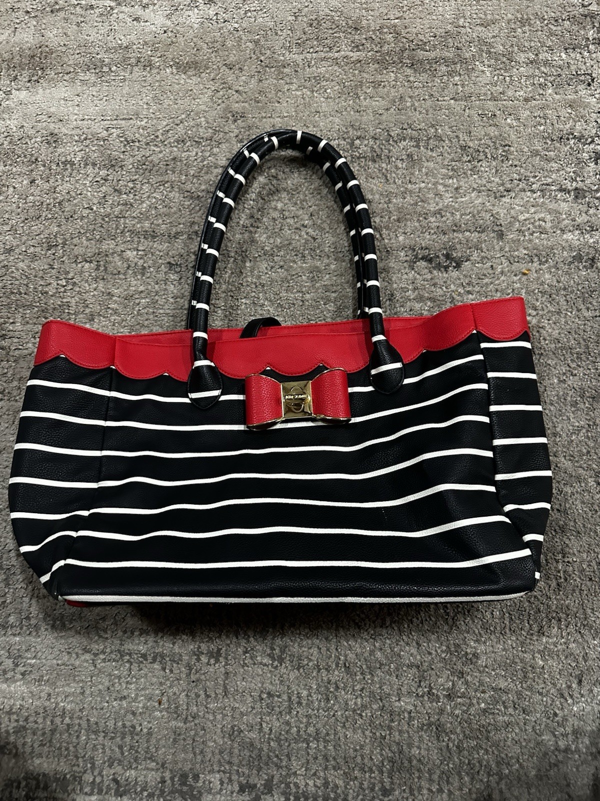 Betsey Johnson Striped Tote Bag Black White Red Bow Gold Hardware Medium