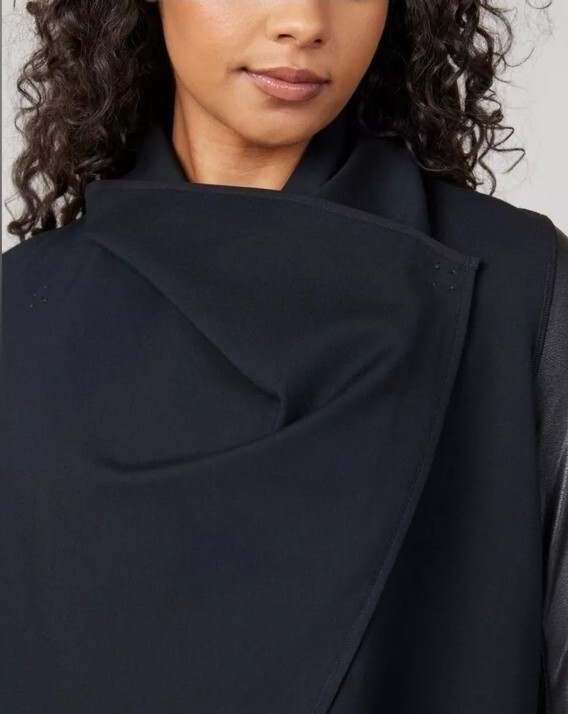 SPANX NWT Drape Front Jacket Very Black Ponte Faux Leather- Size Large