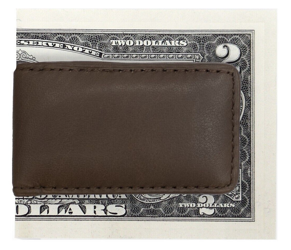 Paul Walter Men’s New Genuine Leather Strong Magnetic Money Clip Brown & Brown