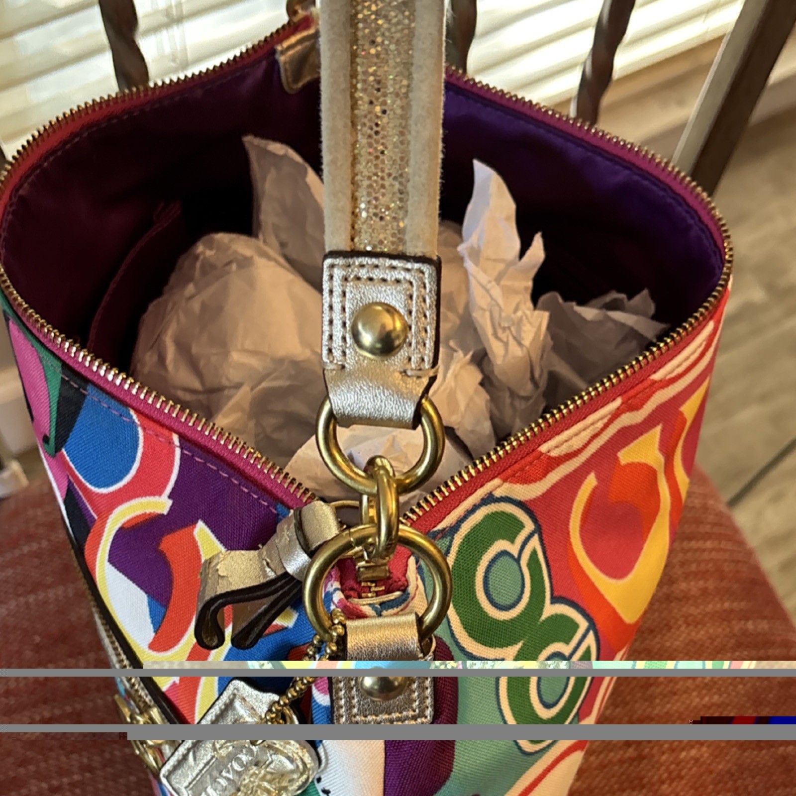 Coach Multicolor Logo Print Shoulder Bag Gold Hardware Metallic Trim Heart Charm
