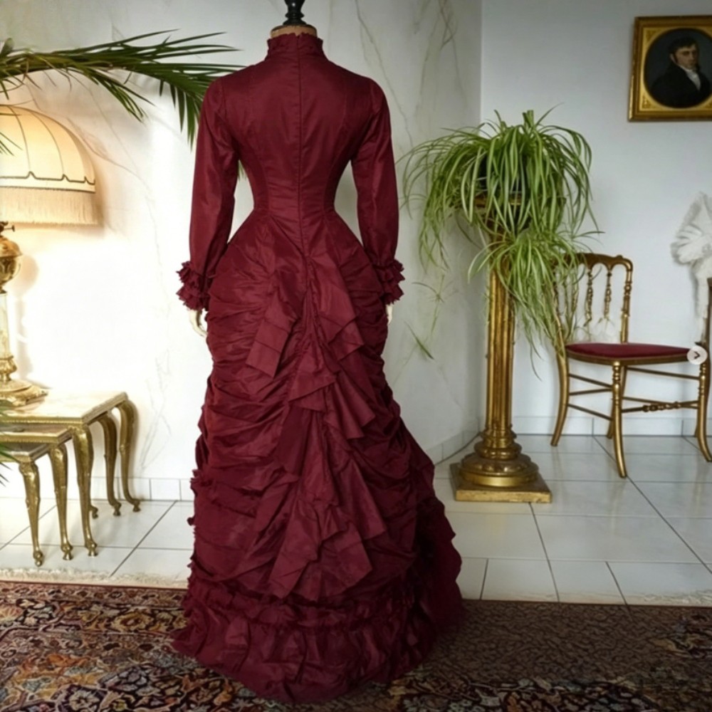 History Burgundy Victorian Evening Dresses High Neck Long Sleeve Ruched Corset