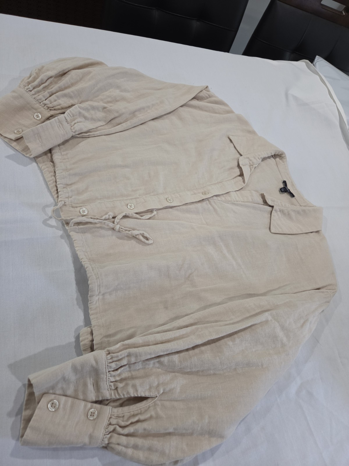 Drew Women’s Beige Split Neck Cotton Gauze Blouse, Size M