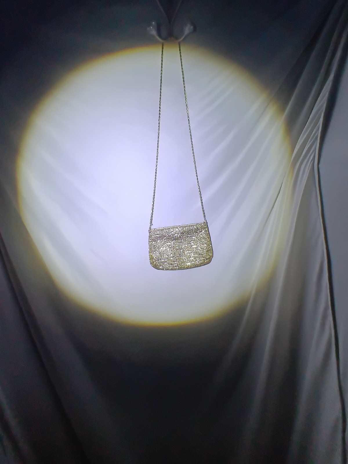 Pierre Dumas Gold Metallic Glitter Small Shoulder Bag, Chain Strap Zip, Lined
