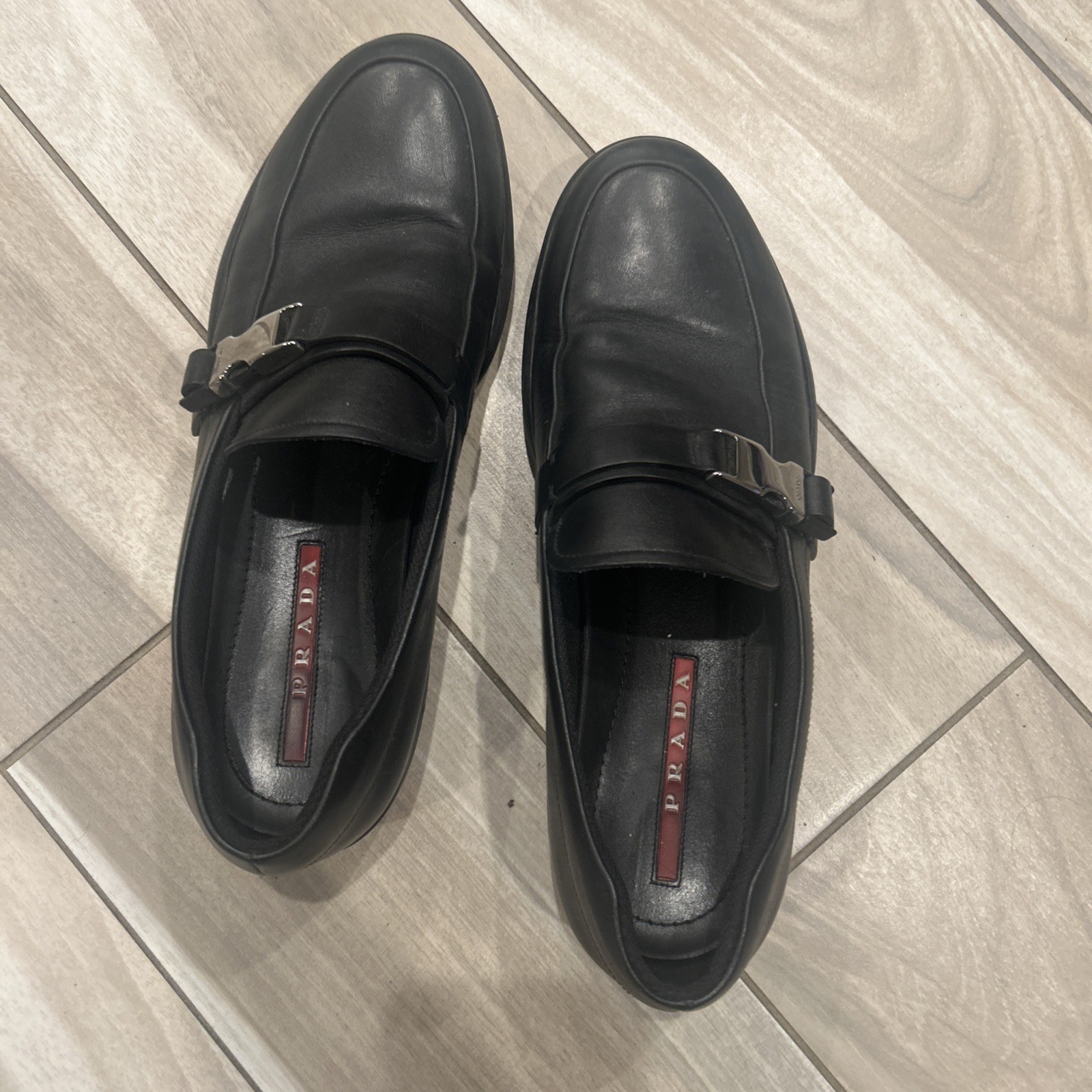Prada Mens Black Leather Penny Loafers Size 8 Slip On Dress Shoes Made Italy