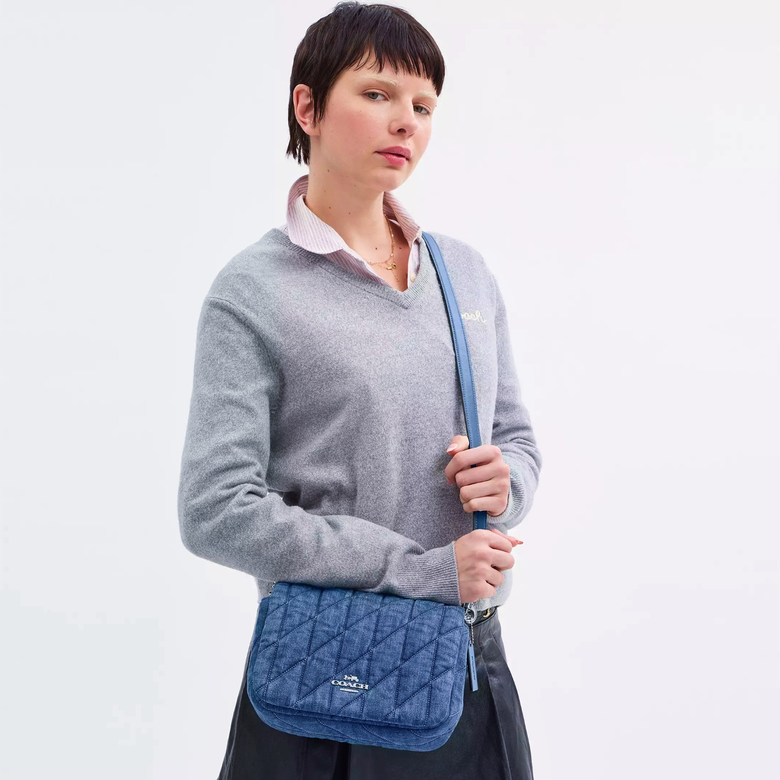 NWT Coach CAK40 Quinn Bag With Quilting Denim Smooth Leather Silver/Indigo $450
