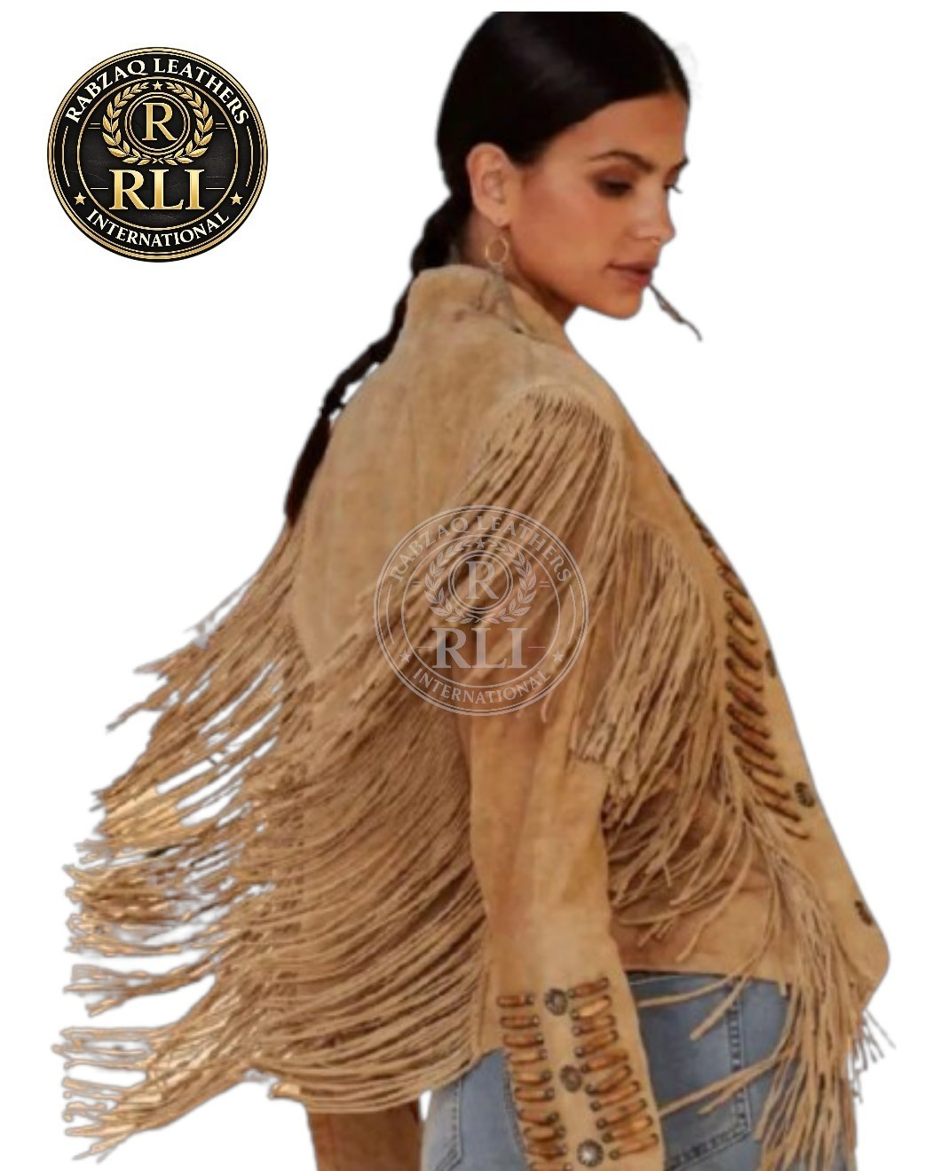 Women Western Suede Leather Fringe Jacket Beaded Cowboy Vintage Coat Tan