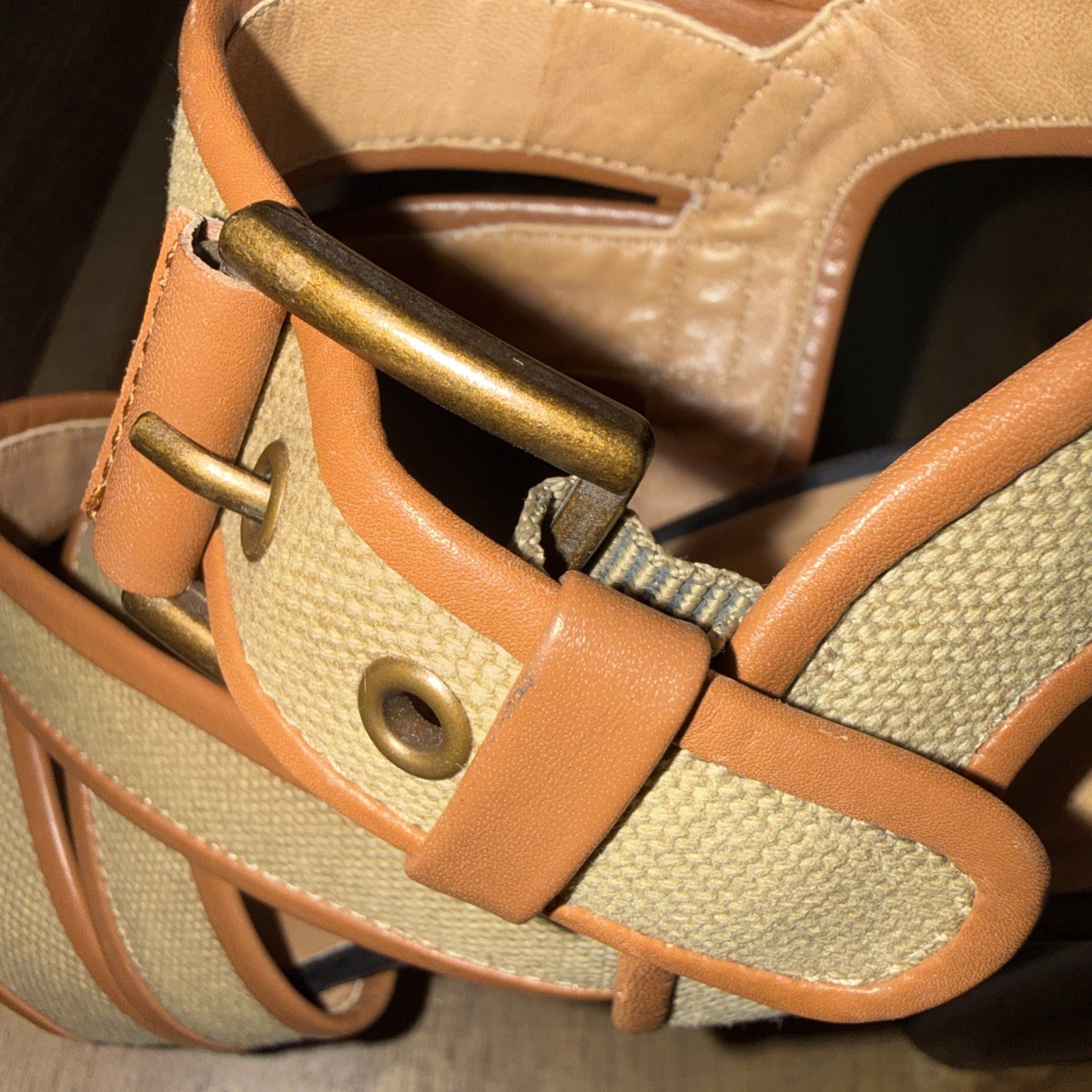 Ann Taylor Strappy Platform High Heel Sandals 7M Tan Safari Canvas Cone 5″ Heel