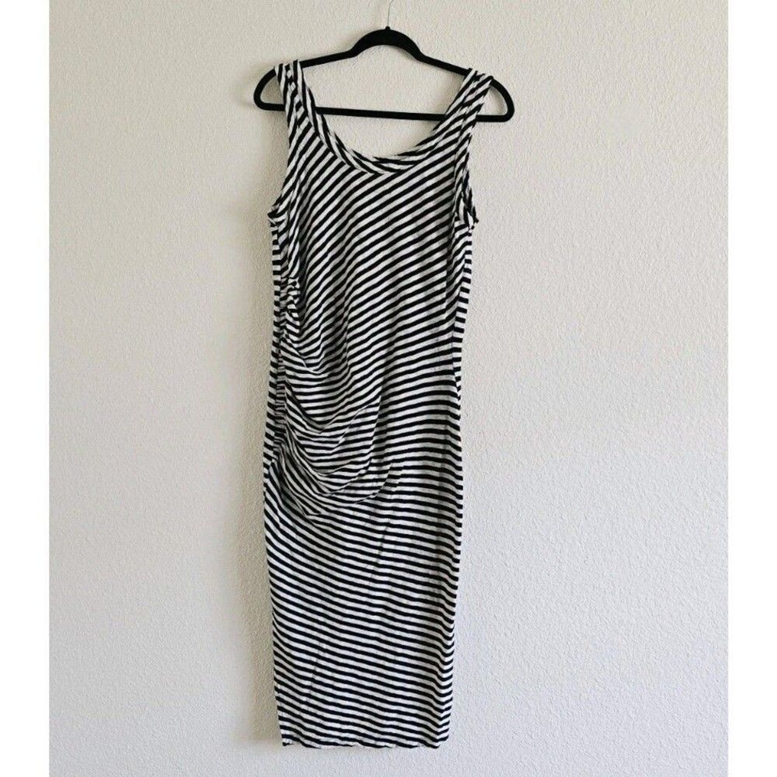 All Saints Tina T-Shirt Dress Size L Stripe Black Sleeveless Side-Slits Cotton