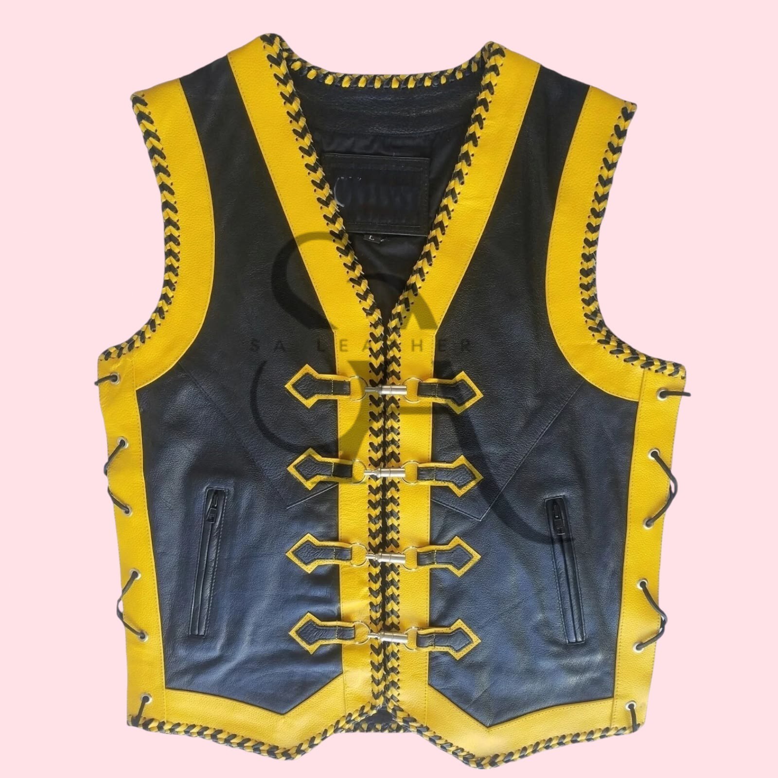 Men’s Black Yellow Genuine Leather Biker Vest Handmade Braided Lace-Up Style