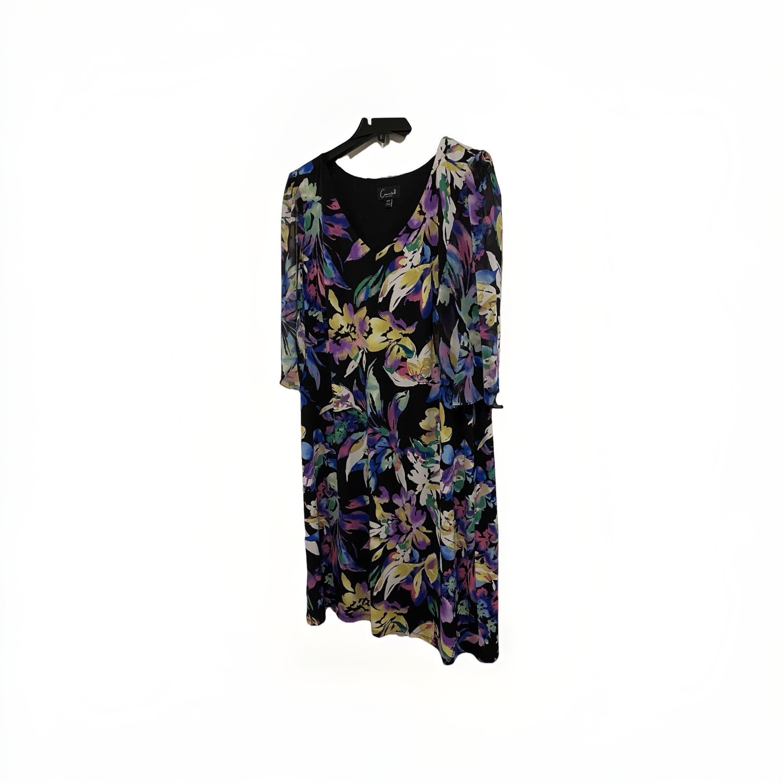 Connected Apparel 16W Black Floral Chiffon V-Neck Flutter Sleeve Dress