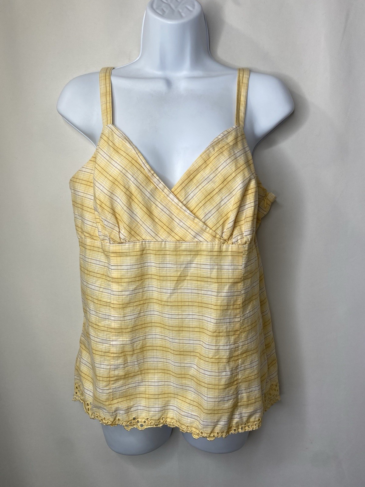 Ann Taylor LOFT Plaid Eyelet Tank Top Size 10 Butter Yellow Spring Festival Y2K