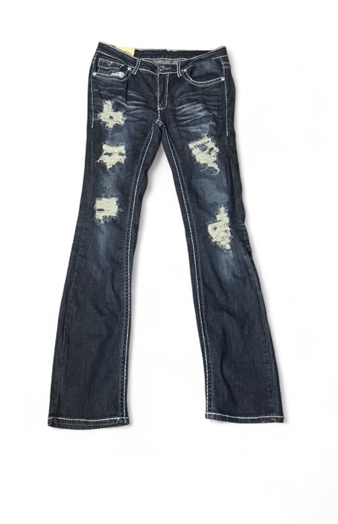 Machine Y2K Distressed Cross Patch Dark Wash Bootcut Jeans