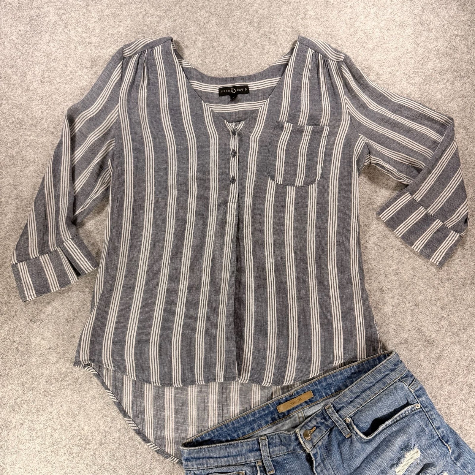 Fred David Women’s Gray and White Striped V-Neck 3/4 Sleeve High-Low Blouse