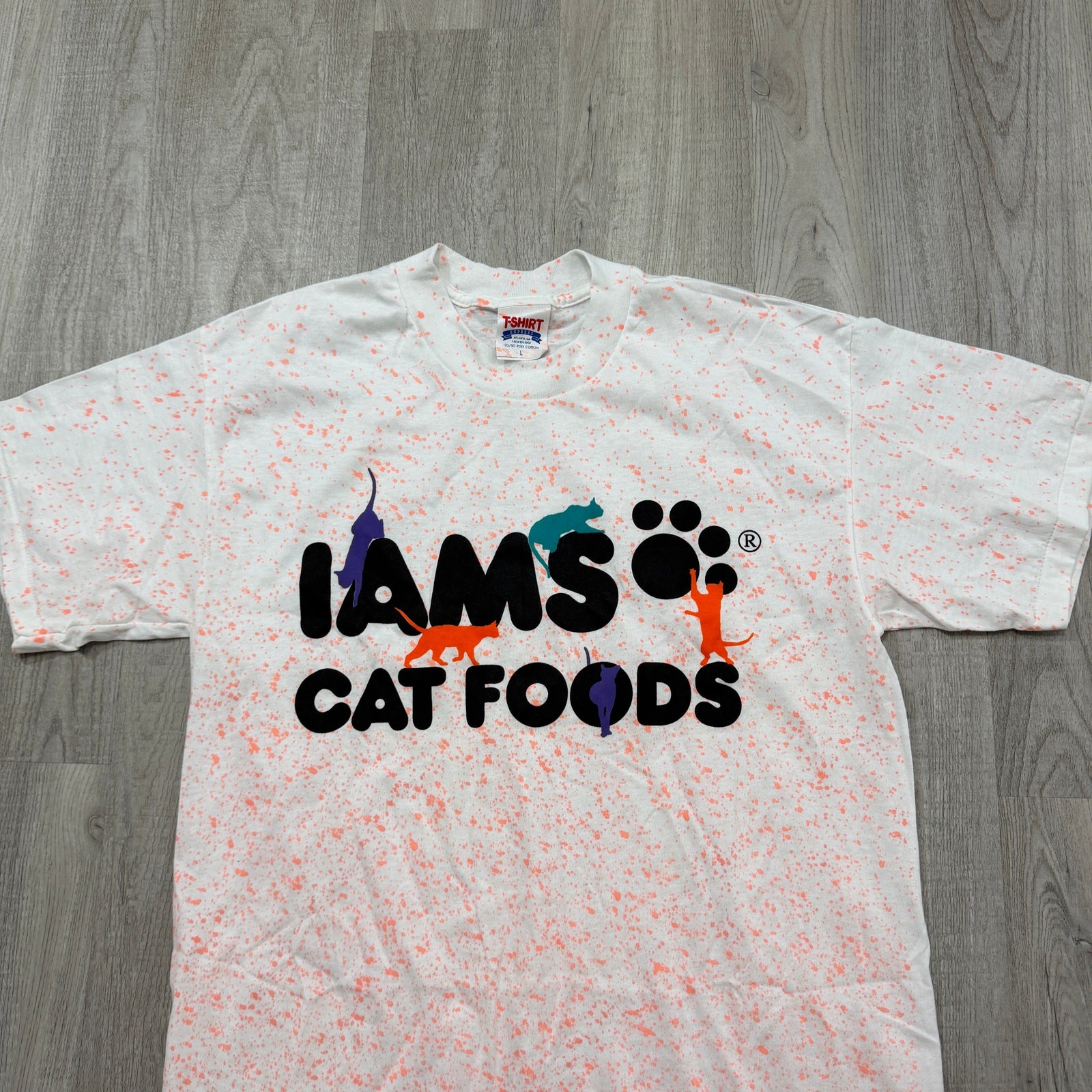 Vintage Iams Pet Food All Over Print Shirt Men’s Large White Orange 90s Cat Dog