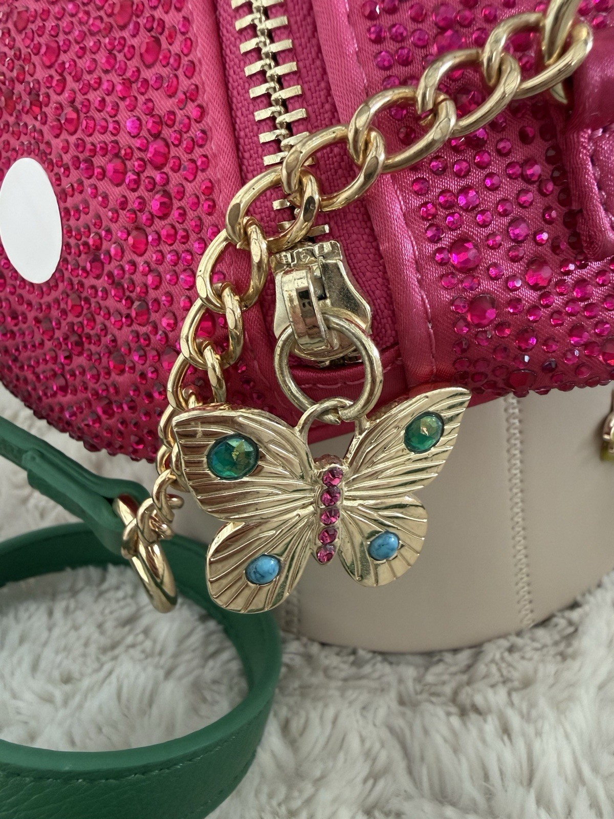Betsey Johnson Mushroom Crossbody Bag Polka Dot Rhinestones Butterfly Charm Zip