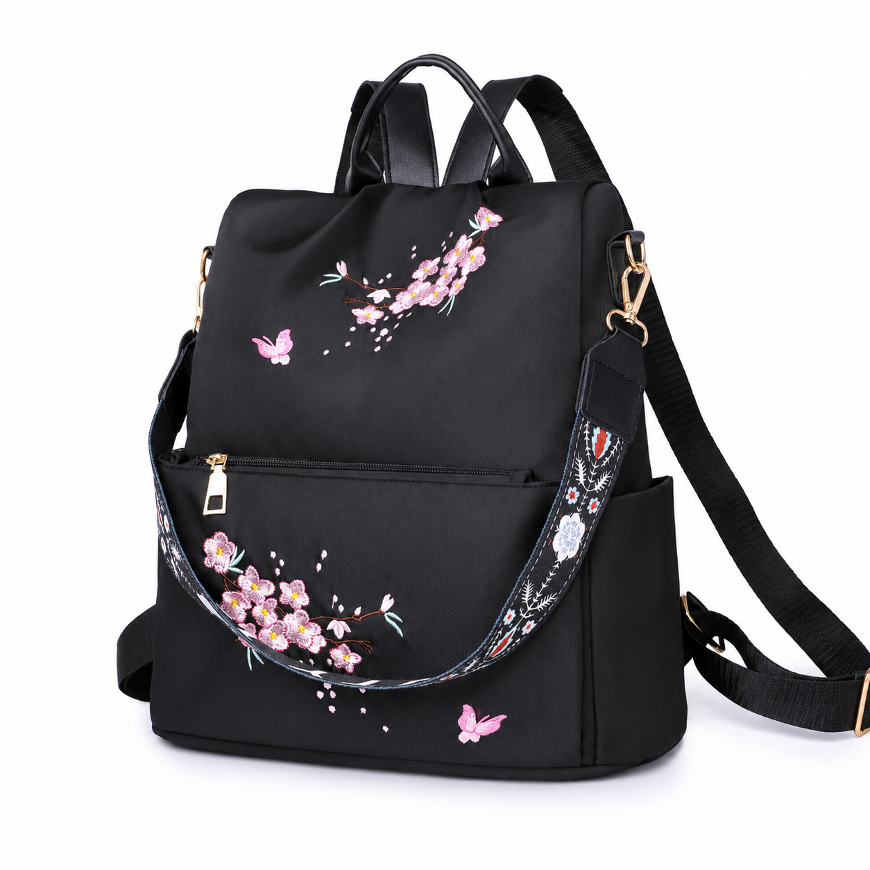 Women Cherry Blossom Embroidery Backpack Anti-Theft 2in1 Shoulder Bag Black