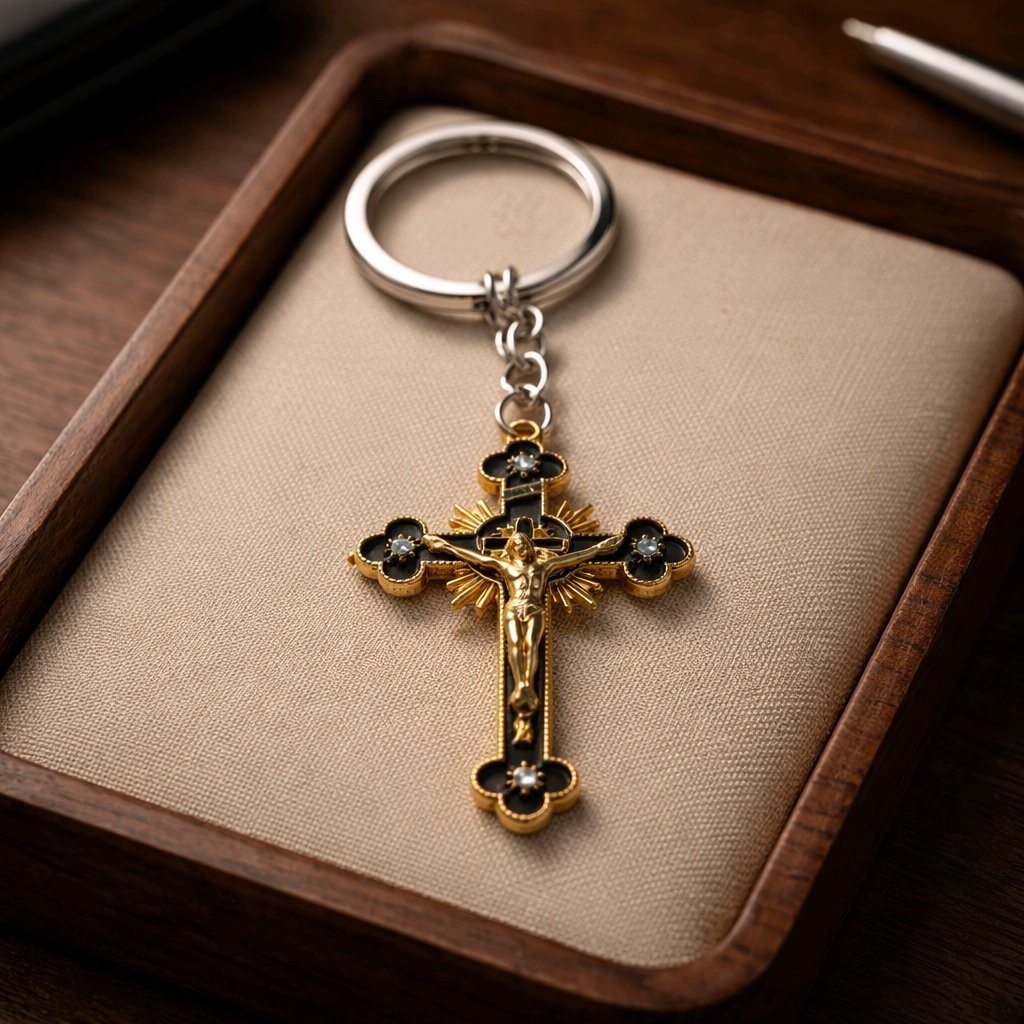 Ornate Catholic Crucifix Keychain Enamel & Gold Tone Black White or Green NEW
