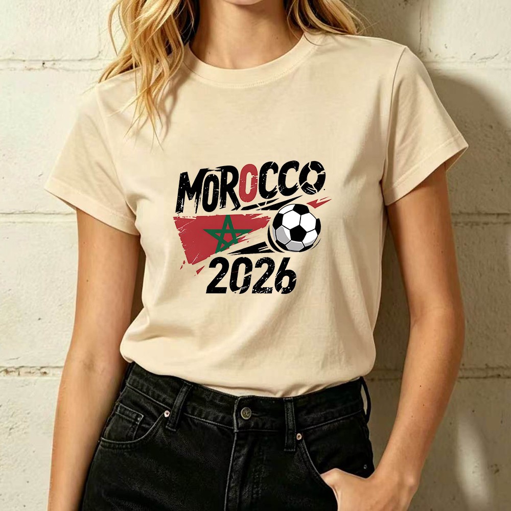 Morocco 2026 Flag Soccer Graphic Women’s Casual Sports Fan T-shirt Top