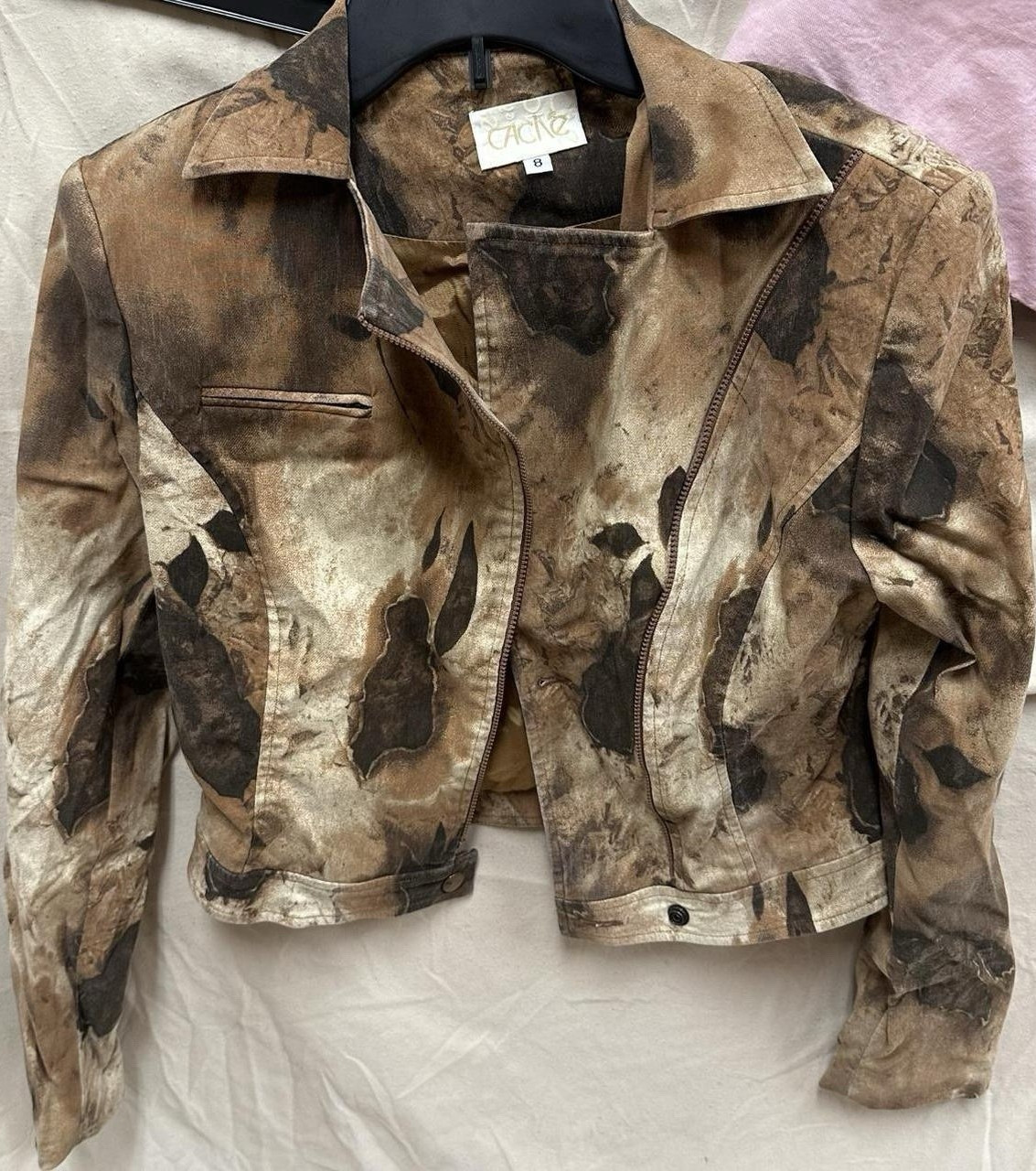 Brown multicolor cropped Jean jacket. Adult Size 8 or medium