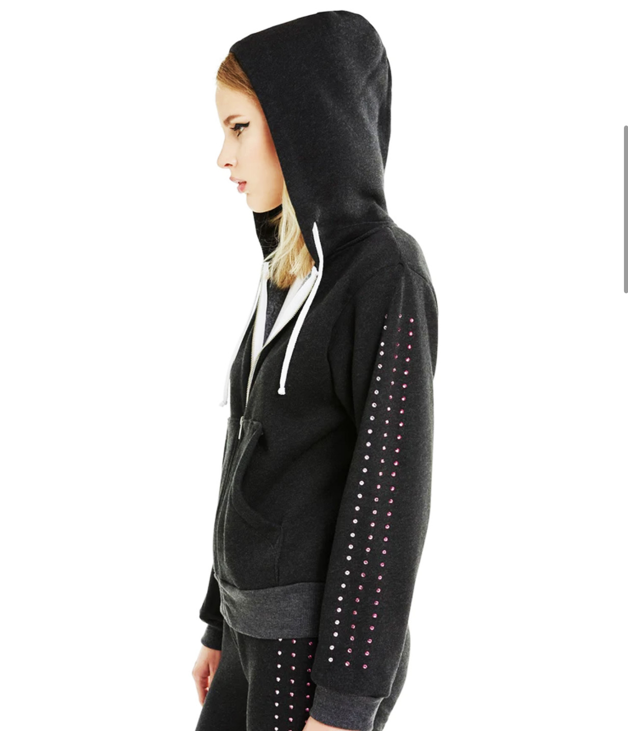 NEW WILDFOX “REGAN” PINK GLITZ RHINESTONE DARK GRAY HOODIE SWEATSHIRT SIZE: XS