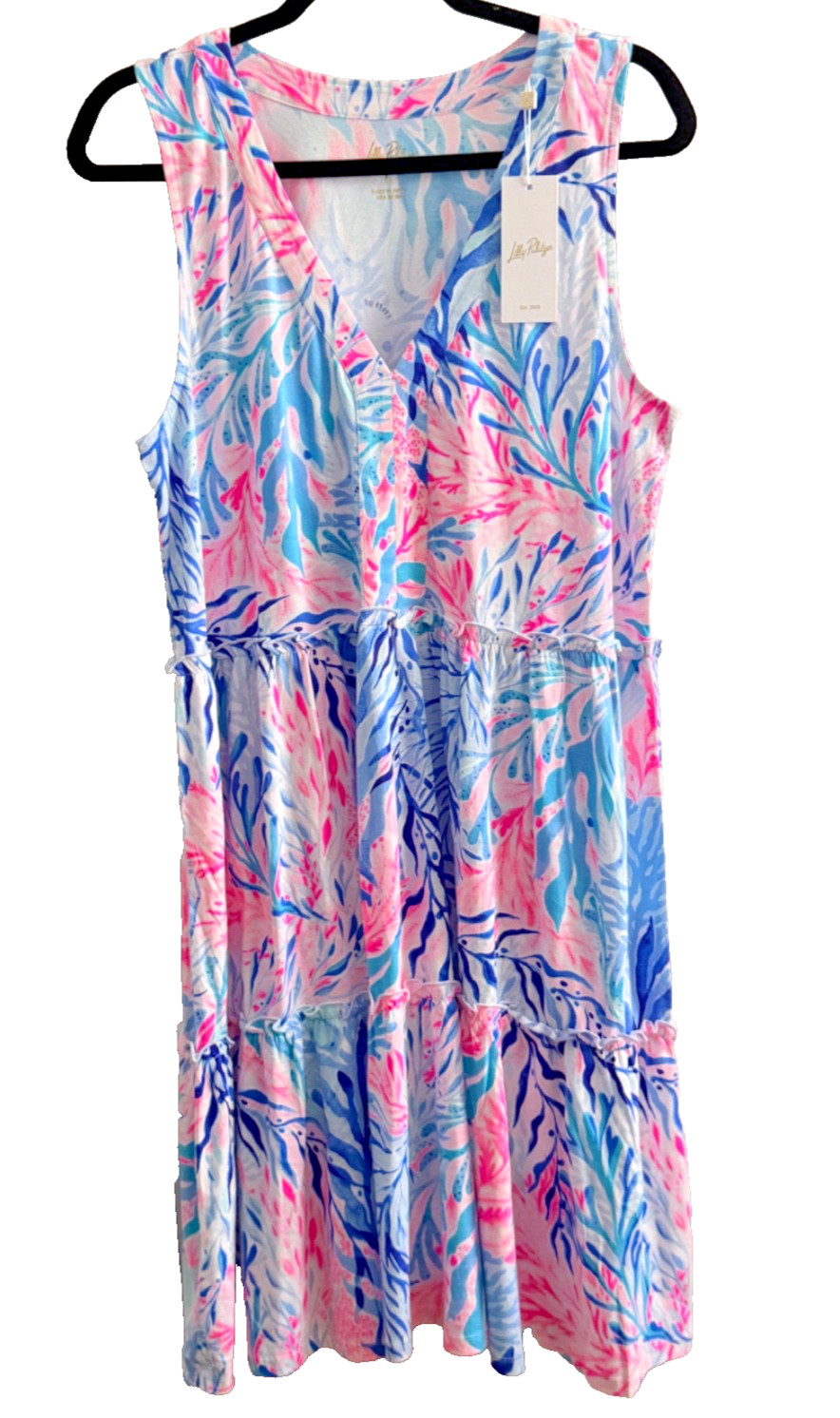 Lilly Pulitzer Sz LARGE Lorina V-Neck Dress in Crew Blue Kaleidoscope Coral- NWT