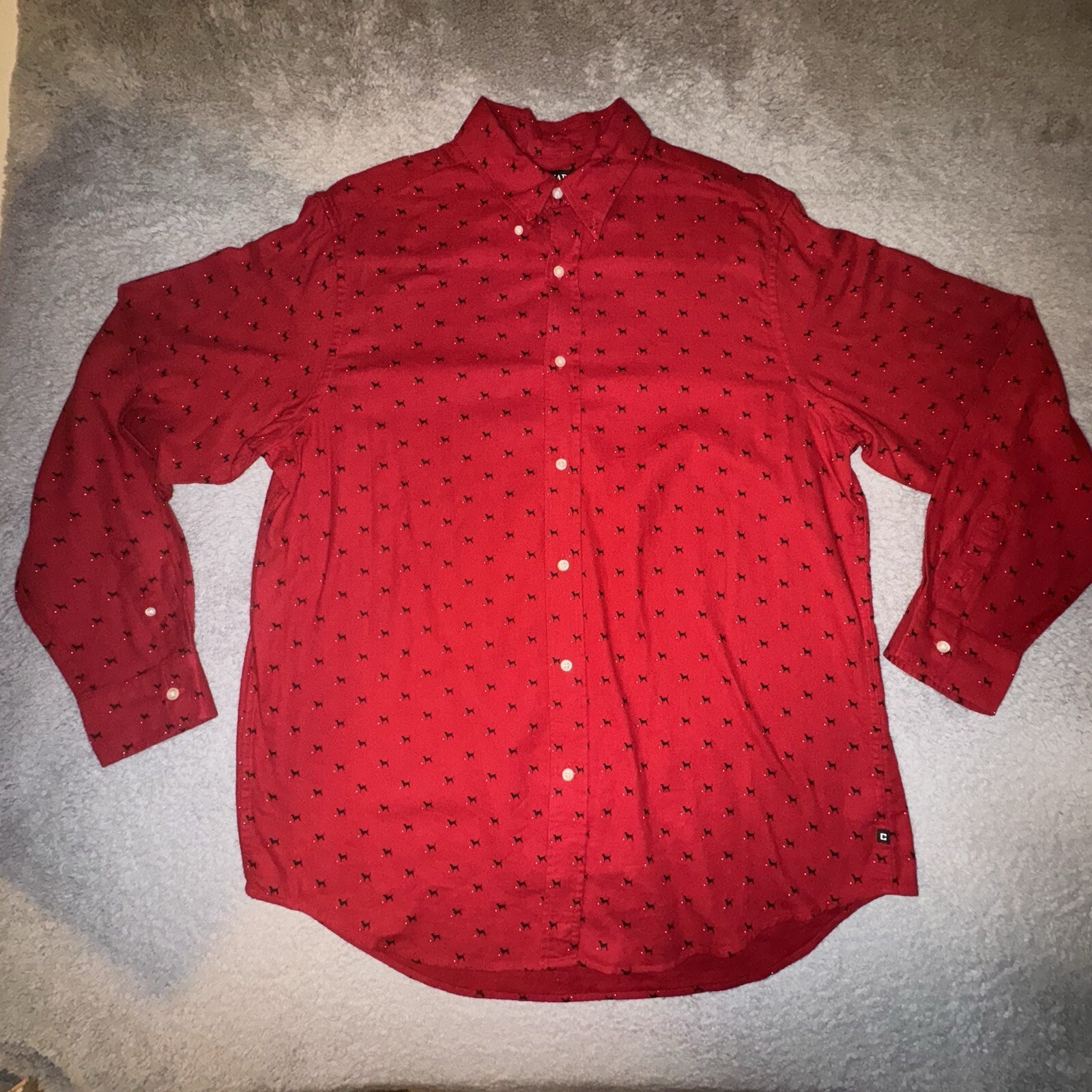 Chaps Shirt Mens XLT XL TALL Red All Over Dog Print Button Up Long Sleeve Preppy