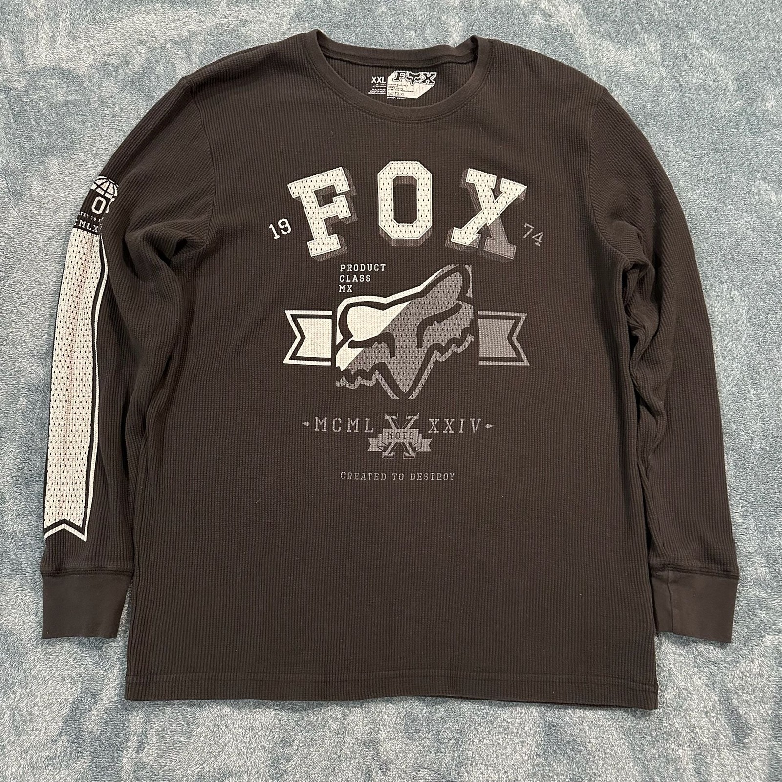 Fox Racing Y2K Black Waffle Knit Thermal Long Sleeve Shirt Size 2XL