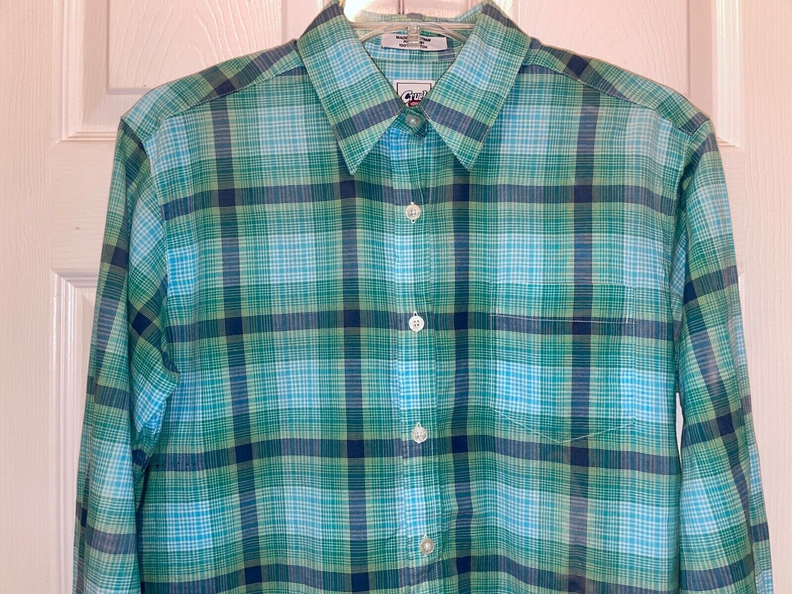Cruel Girl Woman’s Blue Green White Plaid Long Sleeve Blouse Size S Lk Nw