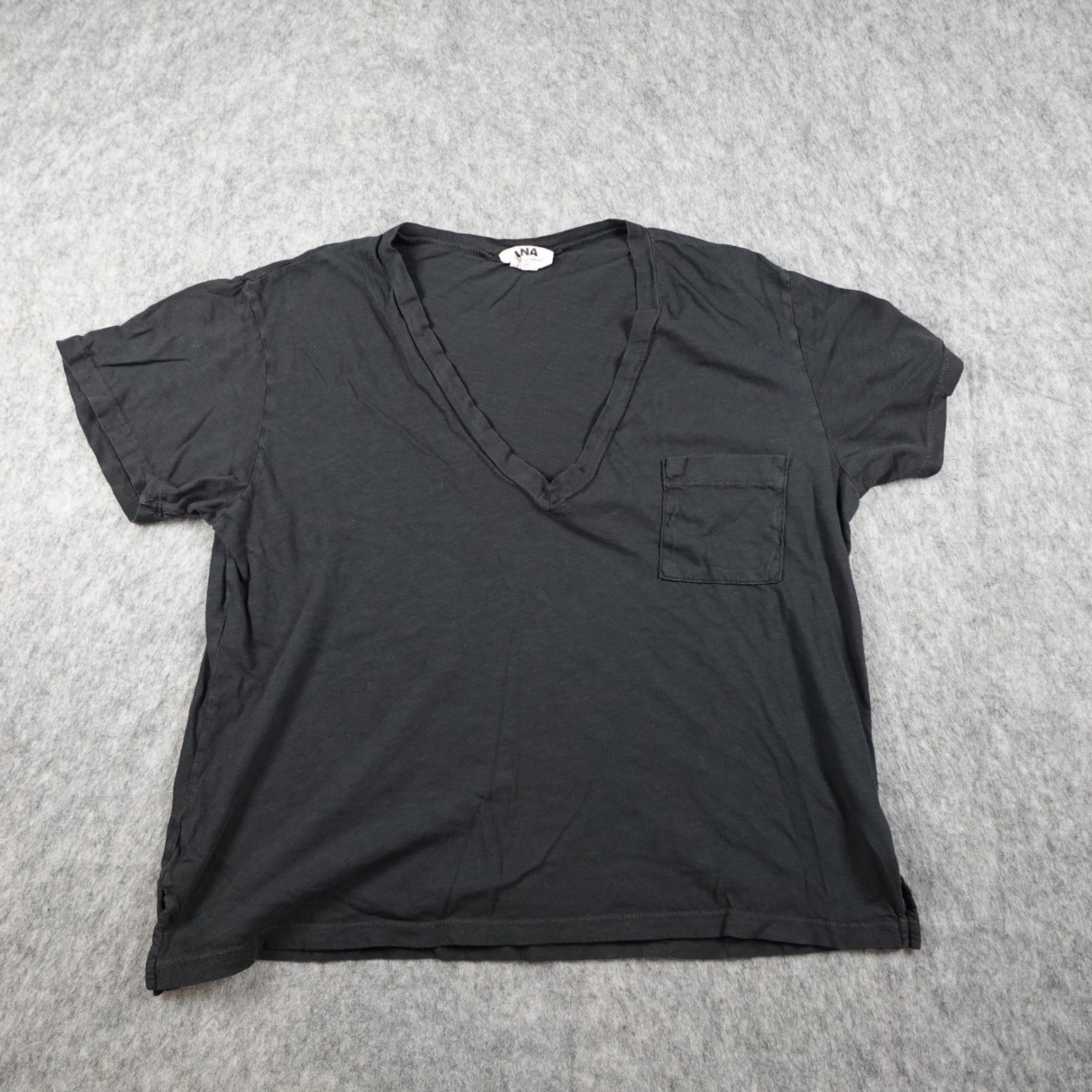 LNA Top Women Medium Black VNeck Short Sleeve Cotton Slub Pocket Plunge Boxy