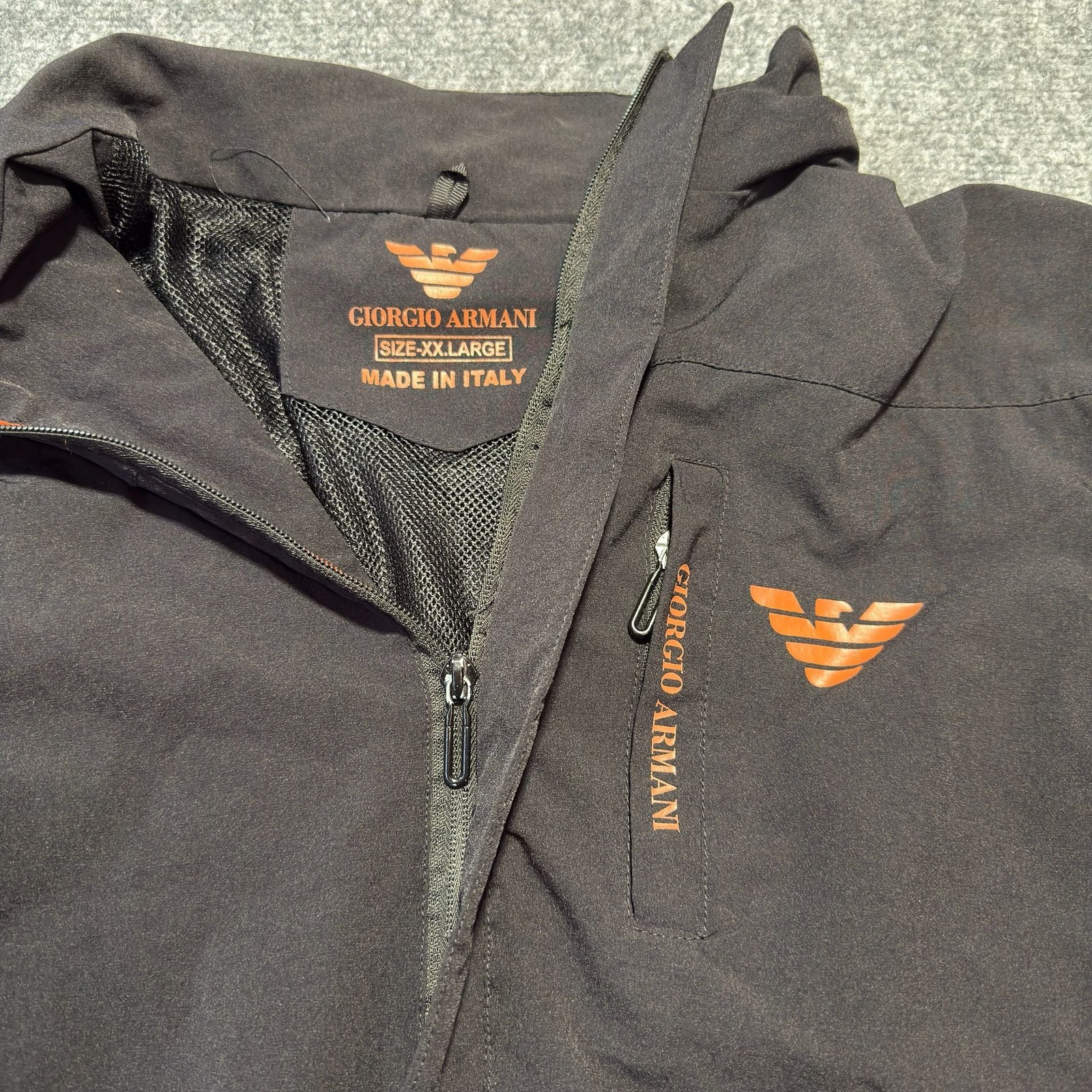 Giorgio Armani Men’s Black Full-Zip Lightweight Jacket with Orange Logo Detail