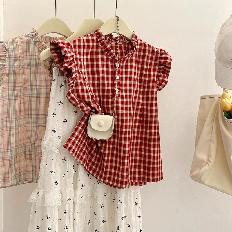 NEW Red Plaid Slimming Sleeveless Shirt For Women Sizes S-XL