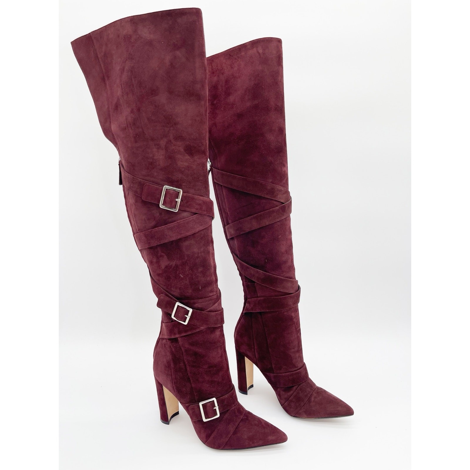 Manolo Blahnik Josimhi Burgundy Suede Buckle Strap Pointed Toe OTK Boots IT 37.5