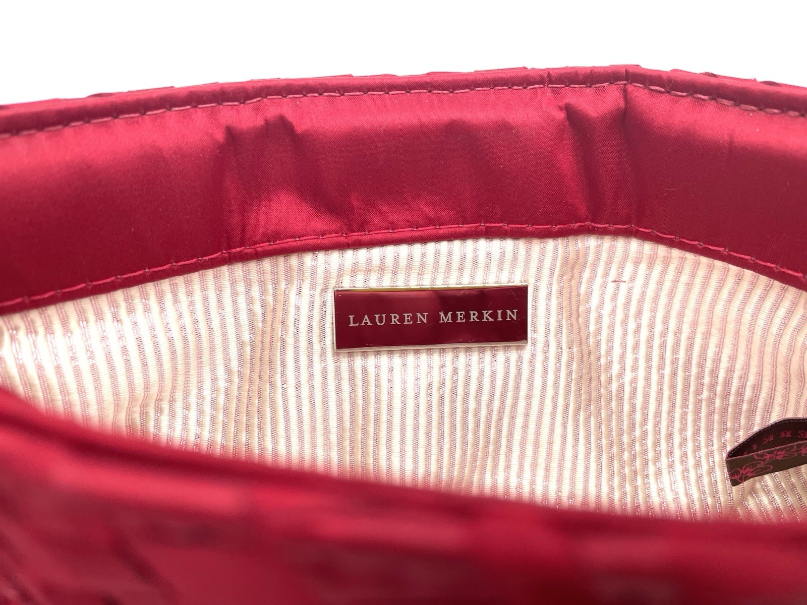 LAUREN MERKIN Ruby Red Satin Woven Small Hinged Clutch SEE FULL DESCRIPTION