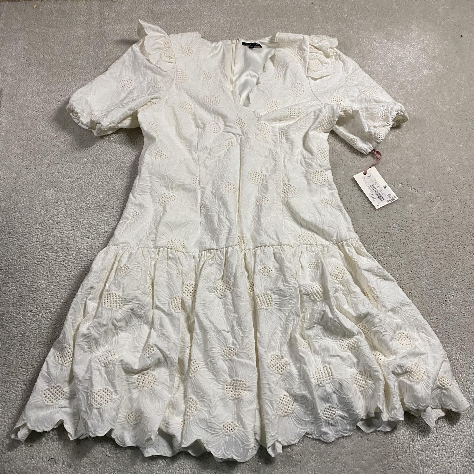 Alex Marie Dress Womens 12 Ivory Phoebe Lace Puff Sleeve Embroidered Lined Mini