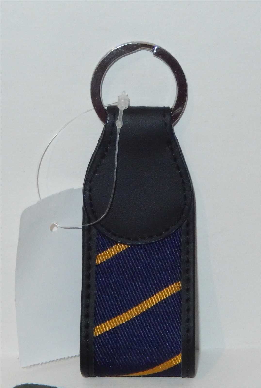 BROOKS BROTHERS Leather and Fabric Blue and Yellow Striped Keyring Key Chain NWT