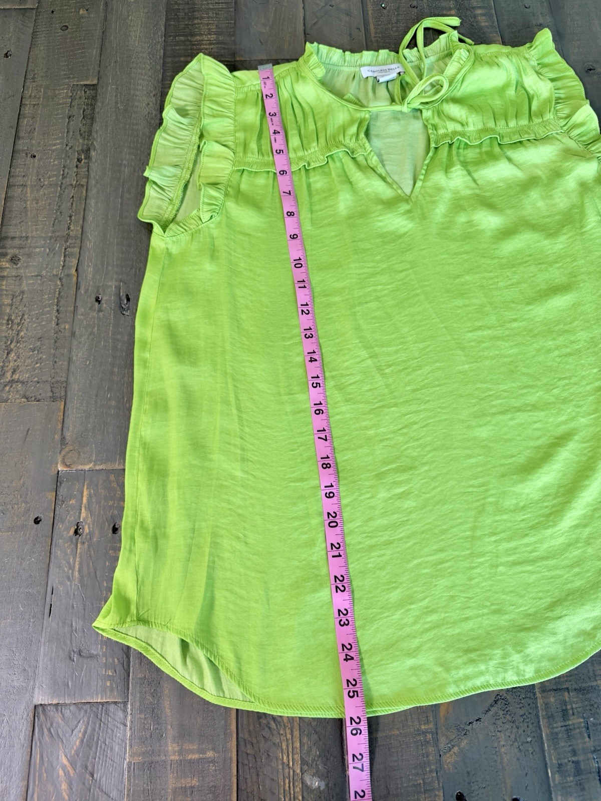 CAROLINA BELLE MONTREAL Blouse Ruffle Flutter Sleeve Keyhole Tie Lime Green S