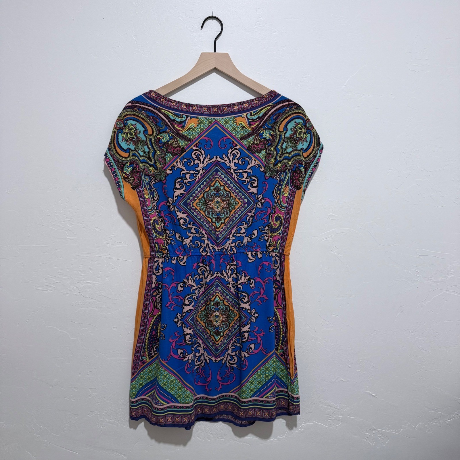 Flying Tomato Boho Mini Dress Blue Paisley Medallion Festival Rayon Dress