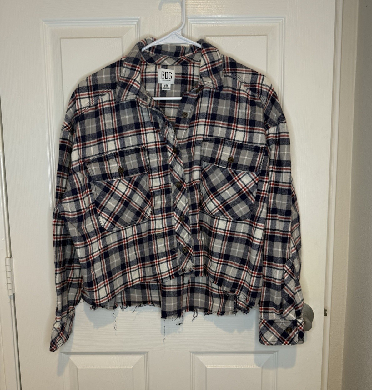 BDG WOMEN M Blue/White/Red Plaid Flannel Long Sleeve Button-Up Shirt Pocket