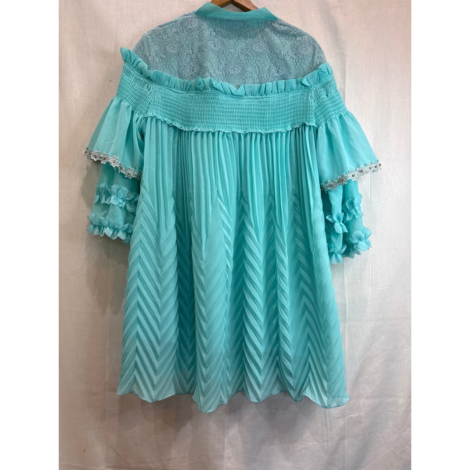 KID CO Aqua Blue Lace Trim Pleated Tunic Dress Teen 16/ Small Adult Rhinestone