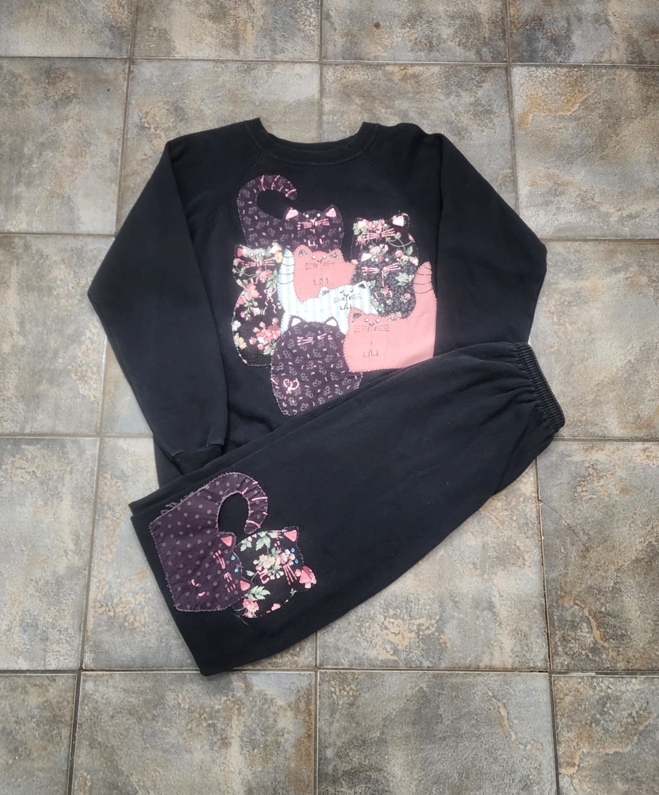 Vintage 90s Cat Patchwork Womens Large Sweatshirt & Medium Pants Cottagecore Set