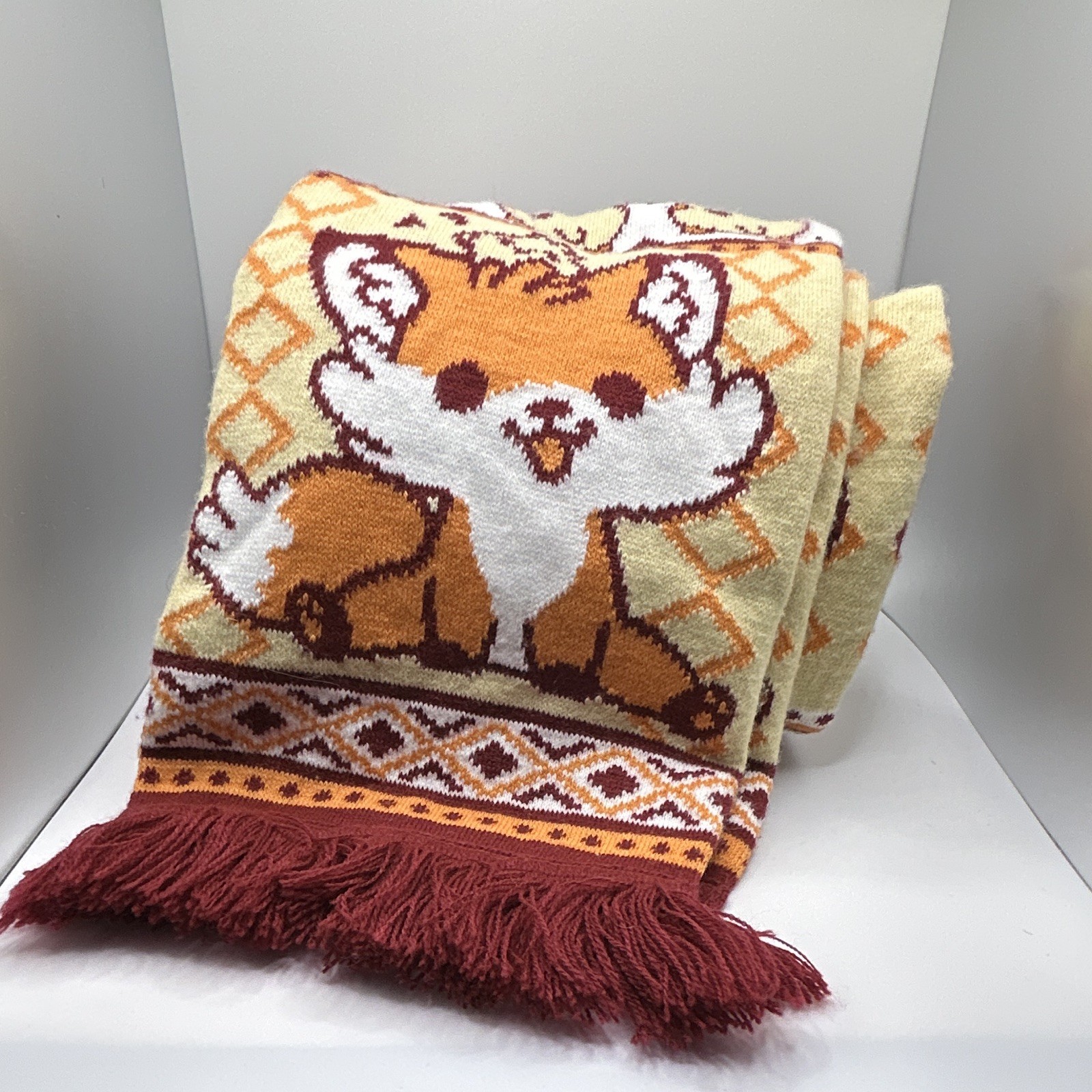 Global Scarves Women’s Knit Acrylic Fox Animal Print Fringe Scarf Burgundy