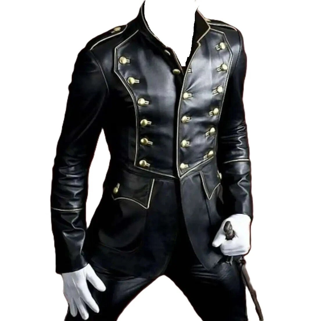Men’s Real Lambskin Black Leather Gothic Steampunk Military Style Cosplay Jacket