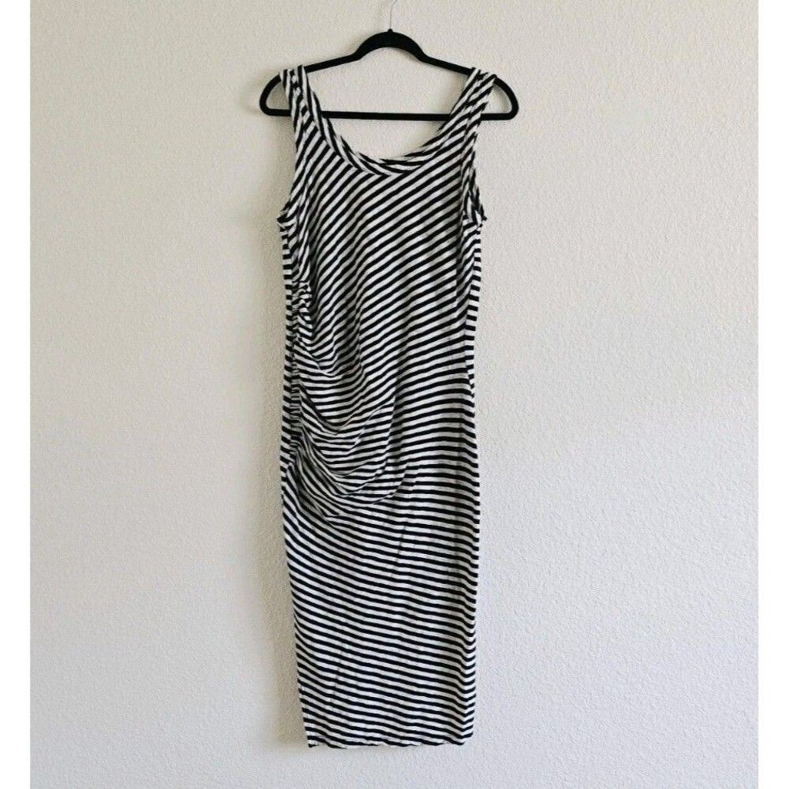 All Saints Tina T-Shirt Dress Size L Stripe Black Sleeveless Side-Slits Cotton