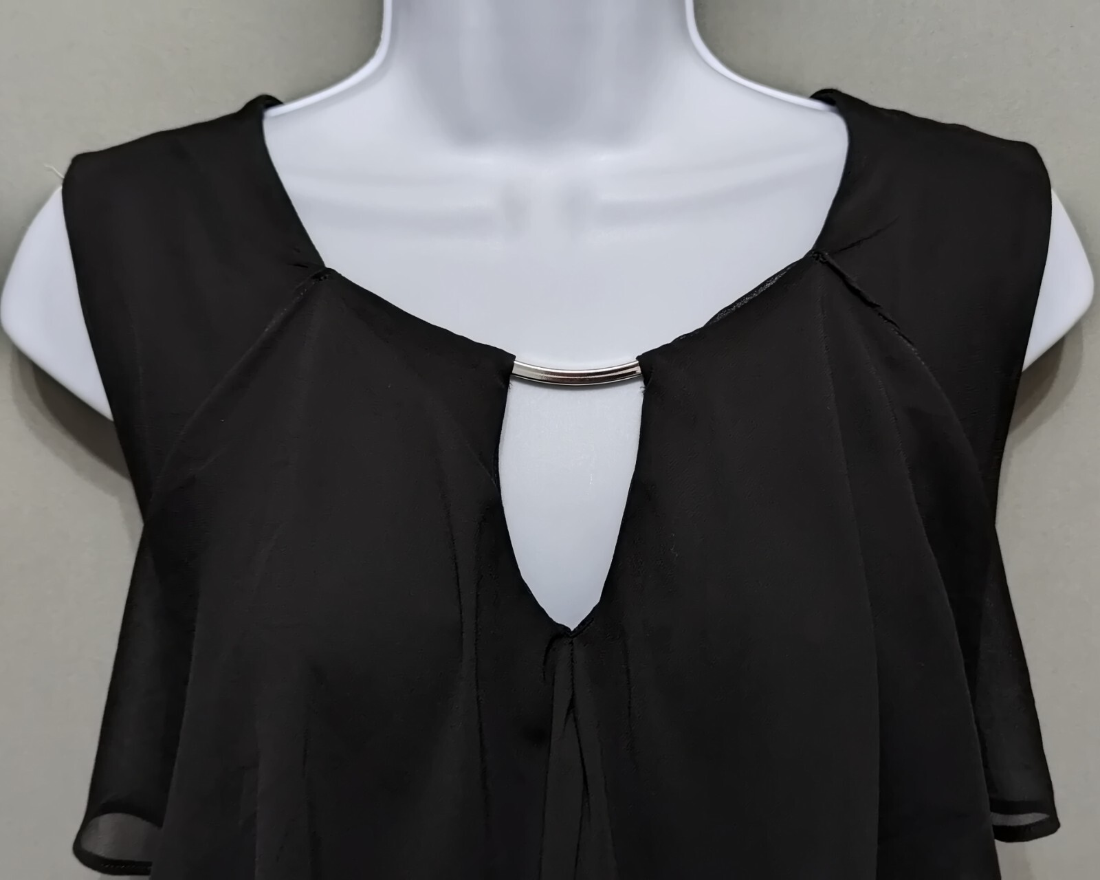 NY&Co Black Jersey Draped Chiffon Front Layer Top Metal Bar Keyhole Neck L