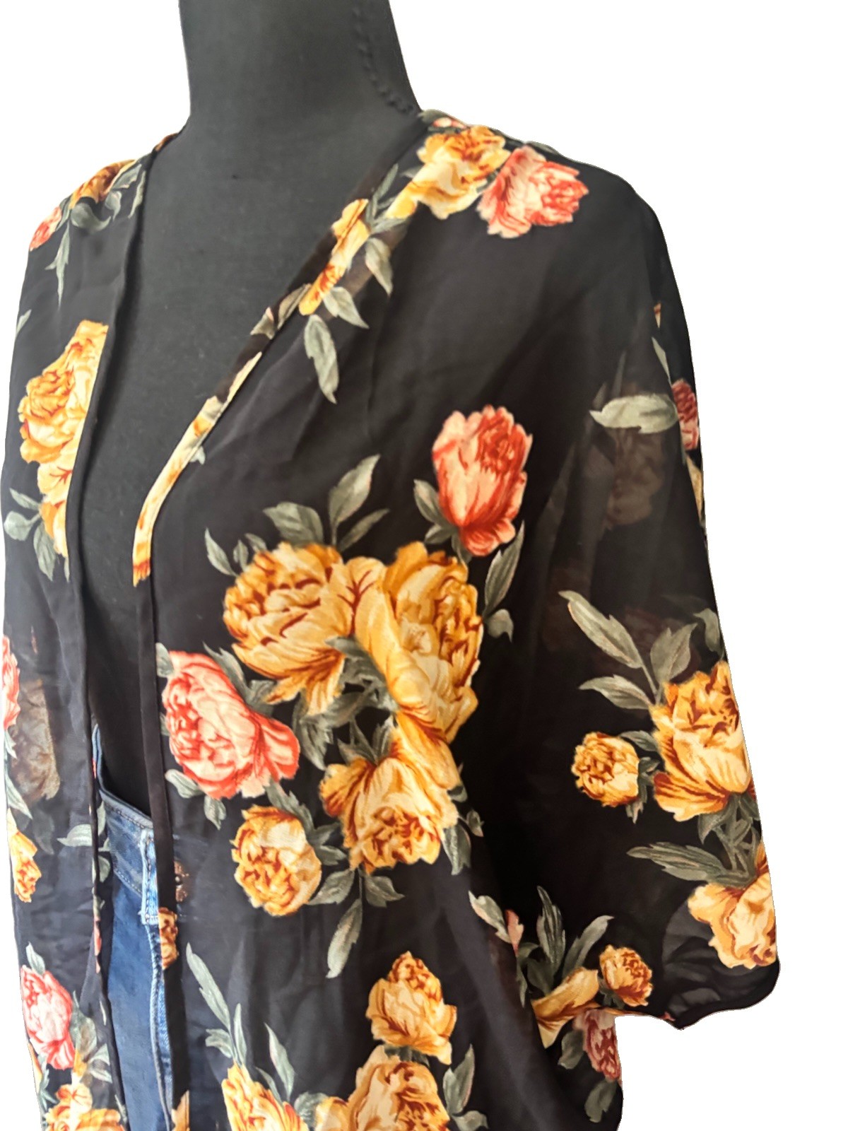 Live 4 Truth Women’s Black Floral Chiffon Kimono 3/4 Sleeve V-Neck Tie, OS